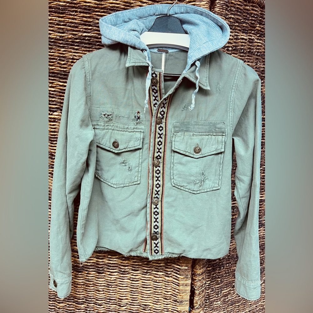 Free People -Olive Green Distressed‎ Hooded Women's Jacket, Size: XSmall